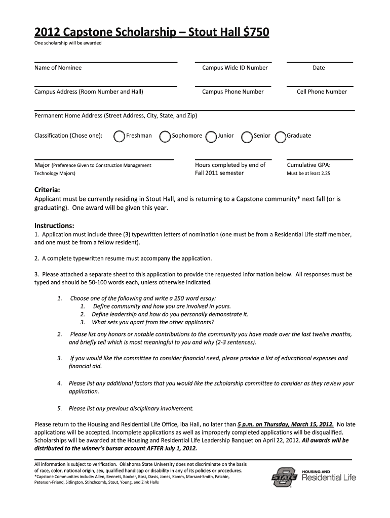 2012 Capstone Scholarship Stout Hall $750 - Residential Life Preview on Page 1