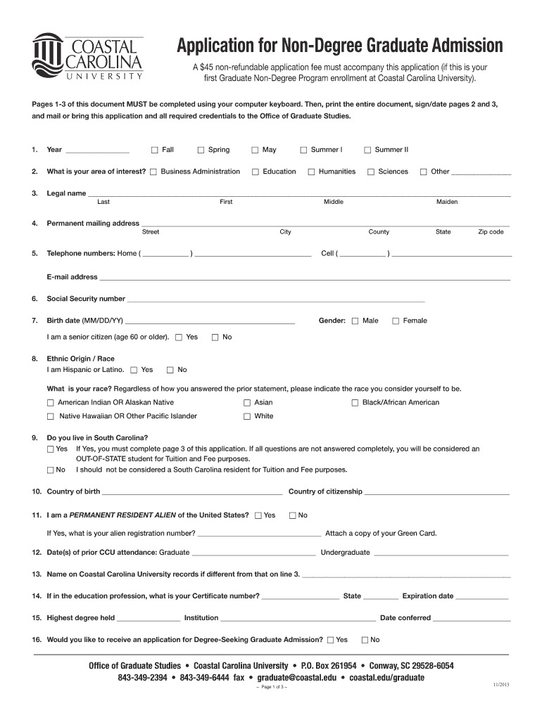 Non-Degree Seeking Application - Coastal Carolina University Preview on Page 1