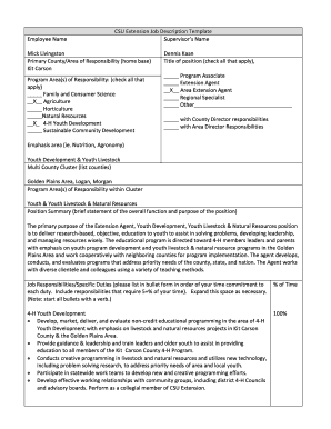 Employee Name CSU Extension Job Description Template Supervisor 's Name Dennis Kaan Title of position (check all that apply), Program Associate Extension Agent X Area Extension Agent Regional Specialist Other with County Director - ext - -