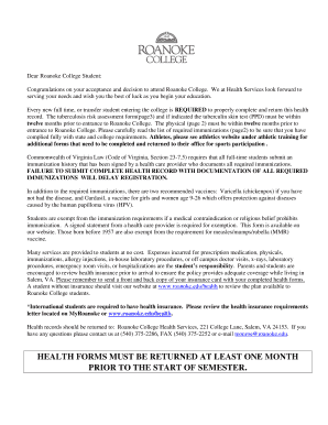 Roanoke College Health Record Form