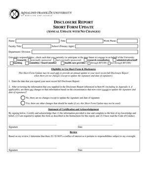 Disclosure Report Short Form Update