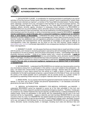 Fine Arts Summer Camps Waiver Form