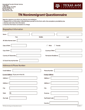 TN Nonimmigrant Questionnaire