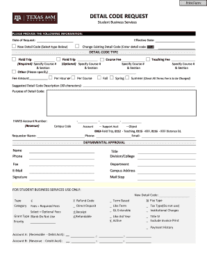 Student Business Services Detail Code Request