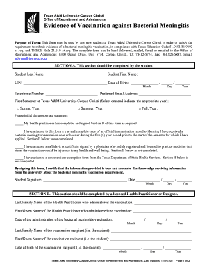Texas A&M University Bacterial Meningitis Vaccination Form