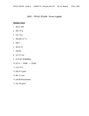 KEY FINAL EXAM Form A (pink) - chem tamu