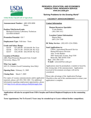 VACANCY ANNOUNCEMENT Announcement Number: ARS-X5E-0098 Demo Position Title/Series/Grade: Biological Science Laboratory Technican GS-0404-05/06/07 Promotion Potential: GS-7 Contact Information Human Resources Specialist: Yvette Banker (301) -