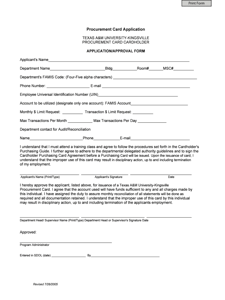 Procurement Card Application - Texas AandM University-Kingsville Preview on Page 1