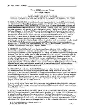 Texas 4-H Conference Center Waiver Form