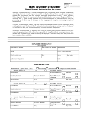 Texas Southern University Direct Deposit Authorization
