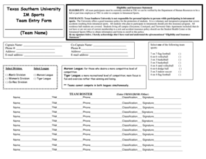 Texas Southern University Intramural Sports Team Entry Form