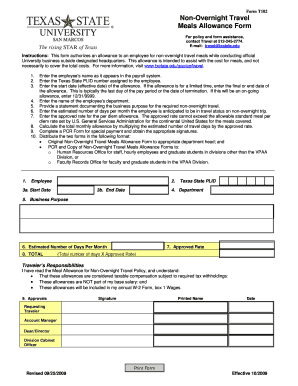 Non-Overnight Travel Meals Allowance Form