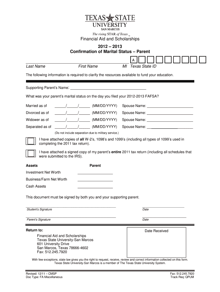 Financial Aid and Scholarships 2012 2013 Confirmation of Marital Preview on Page 1