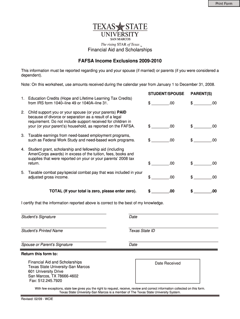 Financial Aid and Scholarships FAFSA Income Exclusions 2009-2010 Preview on Page 1