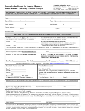 Immunization Record for Nursing Majors