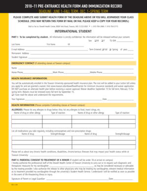Pre-Entrance Health Form and Immunization Record