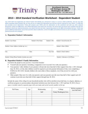 2013-2014 Standard Verification Worksheet - Dependent Student