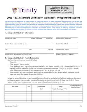 2013-2014 Independent Student Verification Worksheet