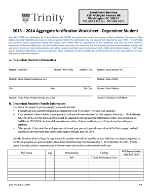 2013-2014 Aggregate Verification Worksheet - Dependent Student