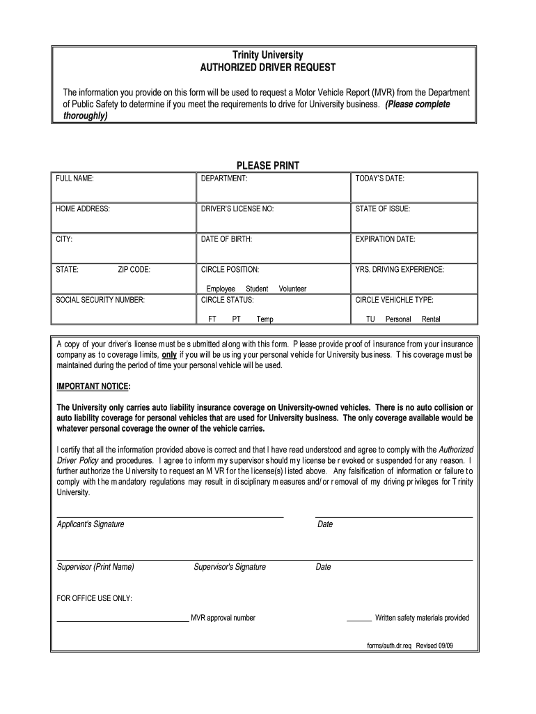 Authorized Driver Form - Trinity University Preview on Page 1