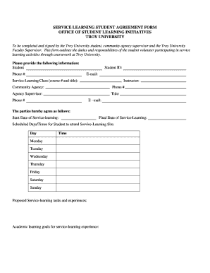 Troy University Service Learning Student Agreement Form