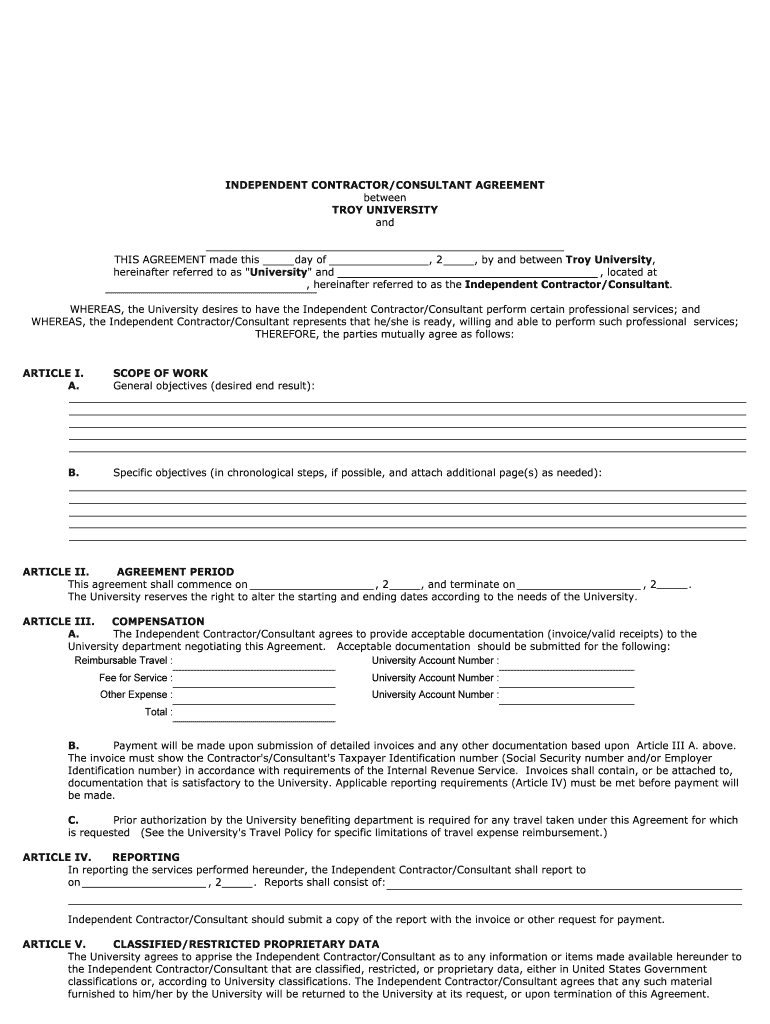 INDEPENDENT CONTRACTOR CONSULTANT - Troy University Preview on Page 1