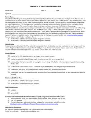 Cafe Meal Plan Authorization Form