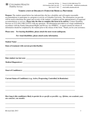 Verification of Disability Form for Medical Providers