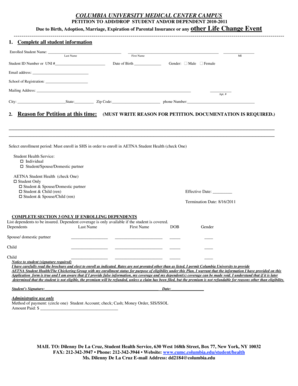 Columbia University Medical Center Petition to Add/Drop Student and/or Dependent