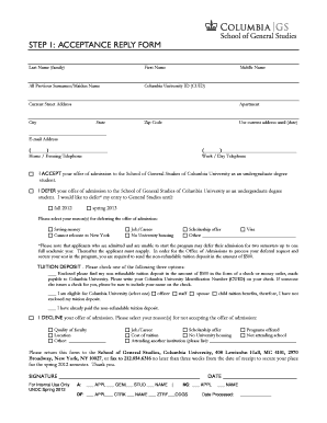Columbia University Acceptance Reply Form