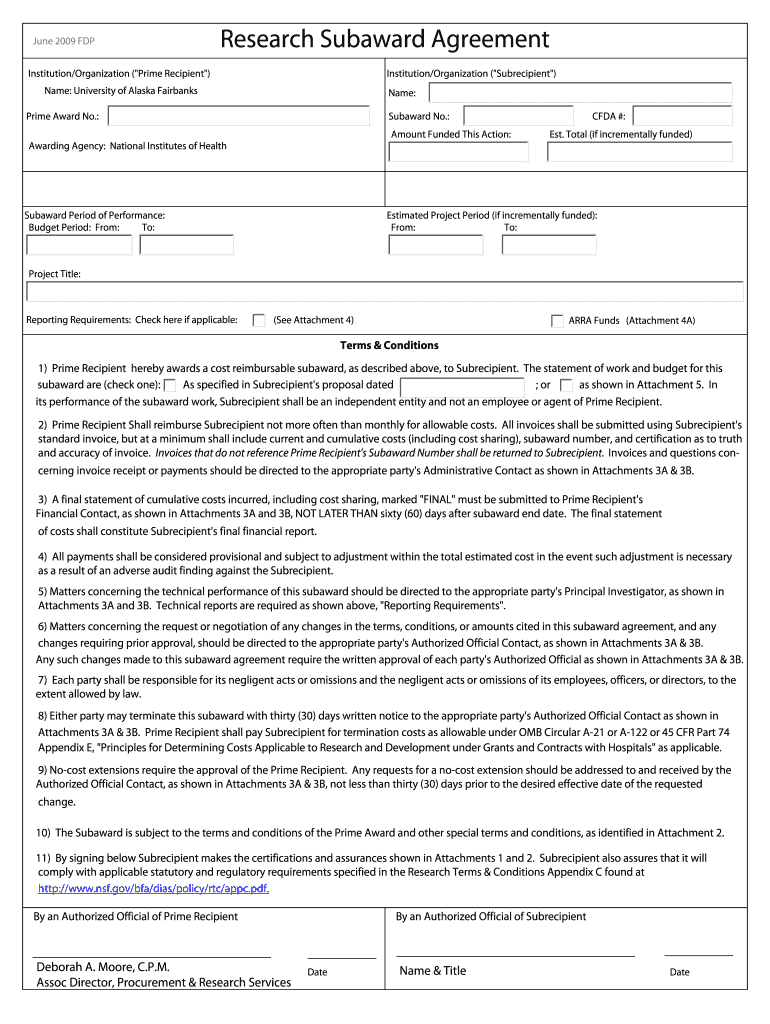 June 2009 FDP Research Subaward Agreement Institution Organization ( andquot Preview on Page 1