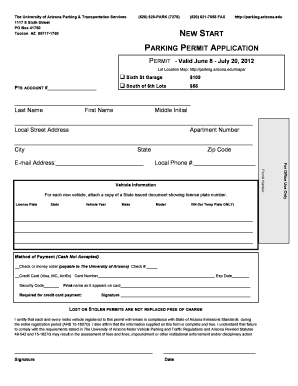 University of Arizona Parking Permit Application