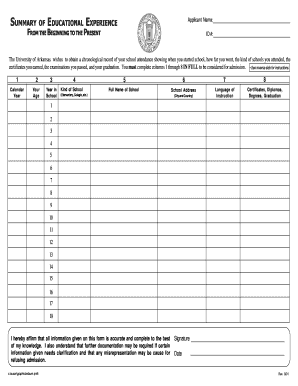 Summary of Educational Experience form - University of Arkansas - iao uark