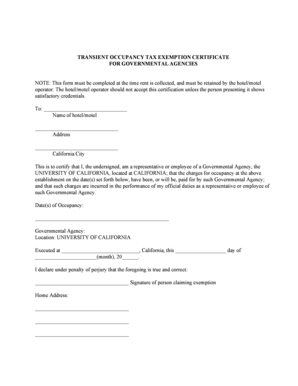 California Transient Occupancy Tax Exemption Certificate
