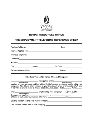 Pre-Employment Telephone Reference Check Form