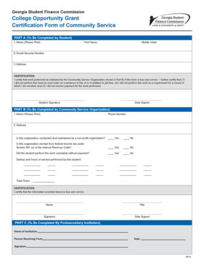 Georgia College Opportunity Grant Community Service Certification Form