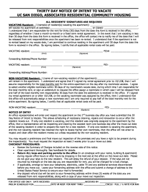 THIRTY DAY NOTICE OF INTENT TO VACATE