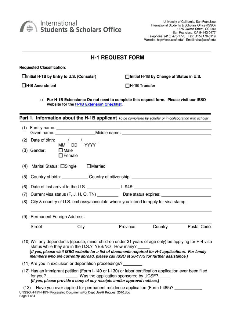 H-1 request form - UCSF International Students and Scholars Preview on Page 1