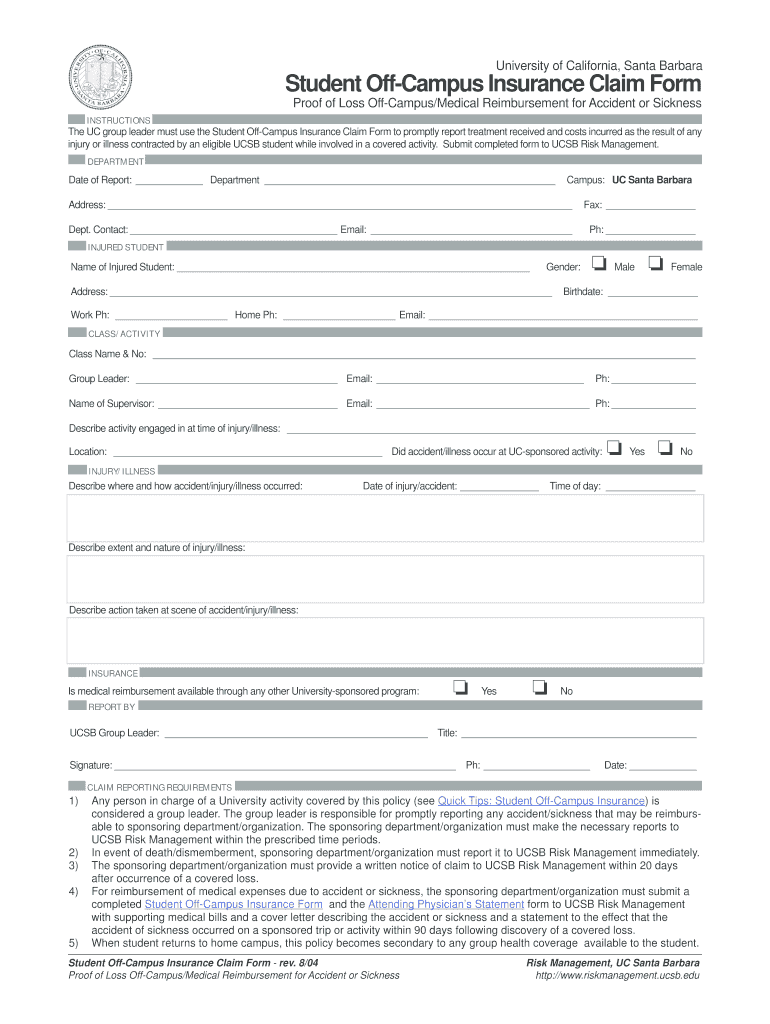 Student Off-Campus Insurance Claim Form - Risk Management Preview on Page 1