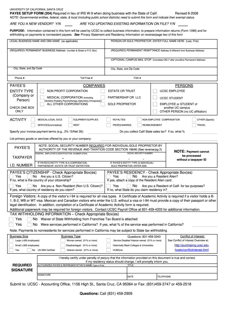 Payee Setup 204 Online Form - University of California, Santa Cruz - cbse ucsc Preview on Page 1.