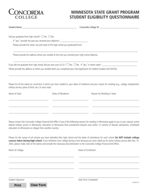 Minnesota State Grant Program Student Eligibility Questionnaire