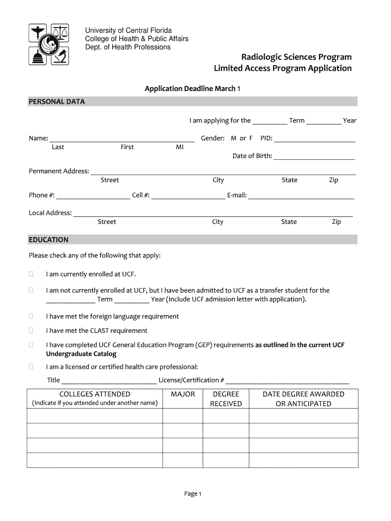 Radiologic Sciences Program Limited Access Program Application Preview on Page 1