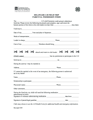 DELAWARE 4-H FIELD TRIP PARENTAL PERMISSION FORM