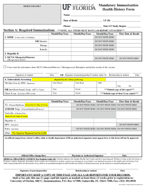 University of Florida Mandatory Immunization Health History Form