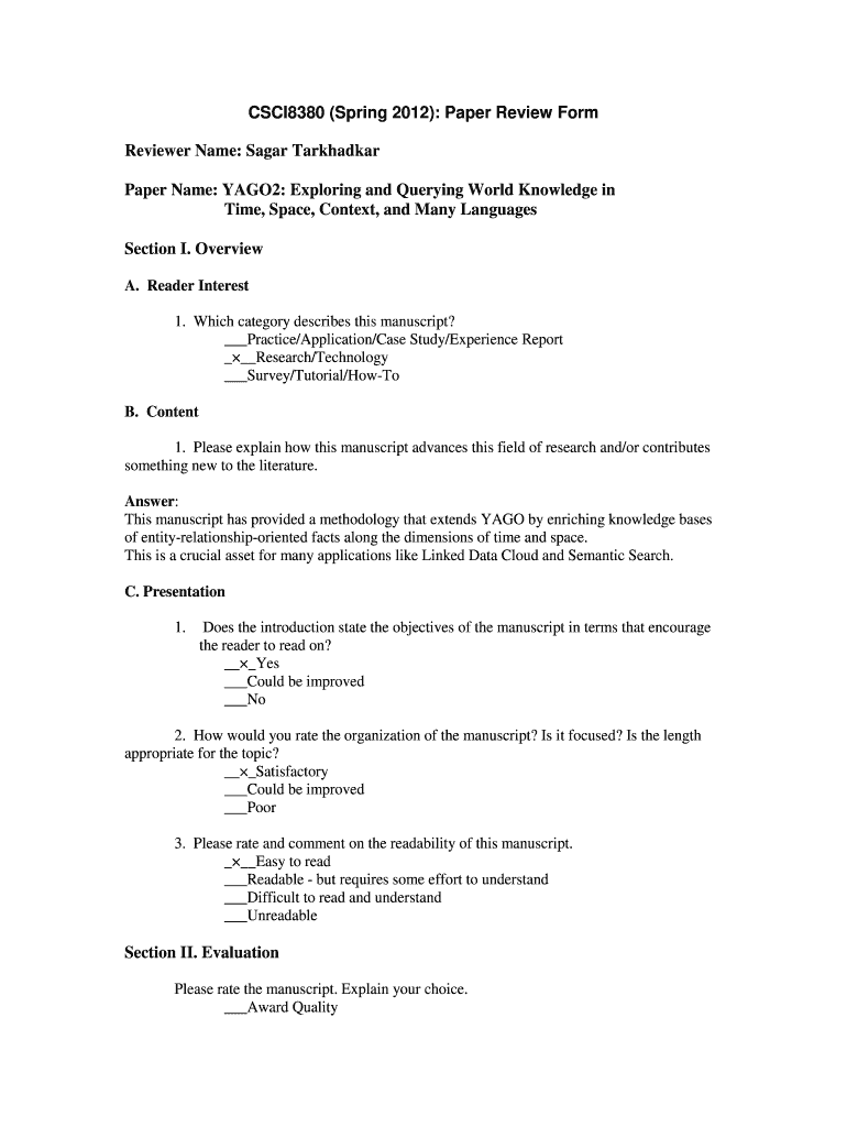 Paper Review Form Preview on Page 1