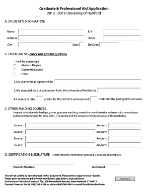 University of Hartford Graduate Aid Application