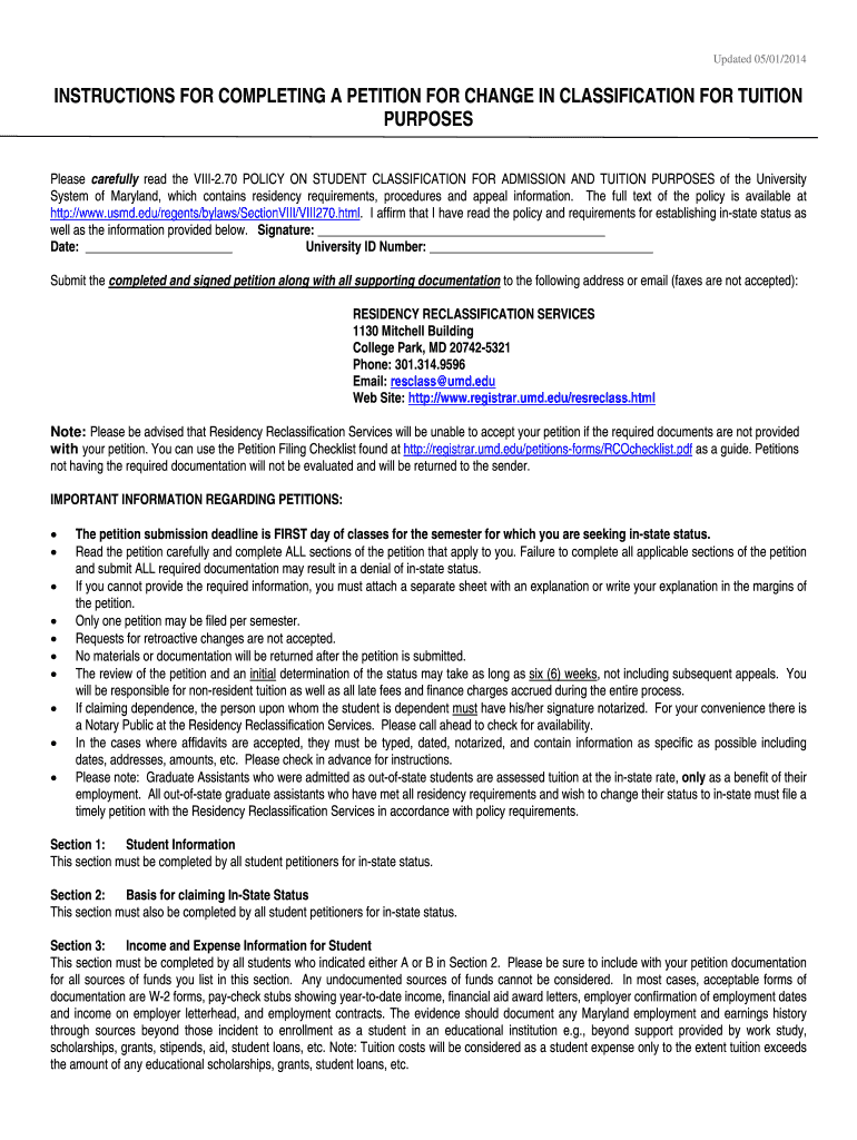 Petition for Change in Residency Status - Office of the Registrar Preview on Page 1