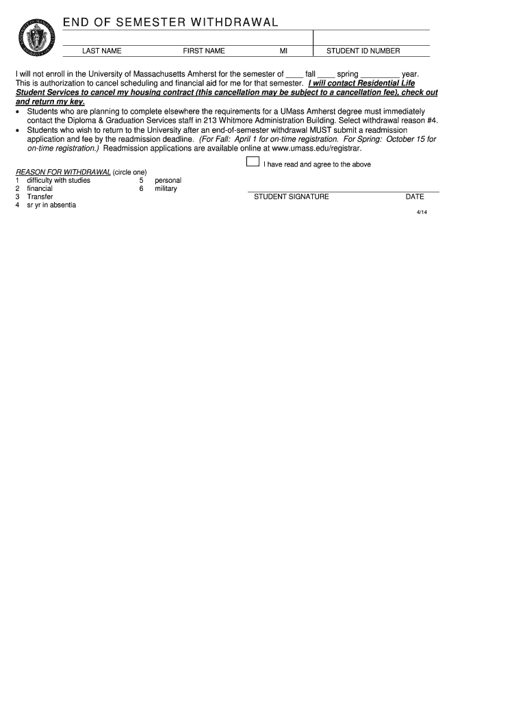End of semester withdrawal - University of Massachusetts Amherst - umass Preview on Page 1