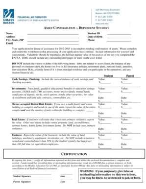 Asset Confirmation Form for Dependent Students