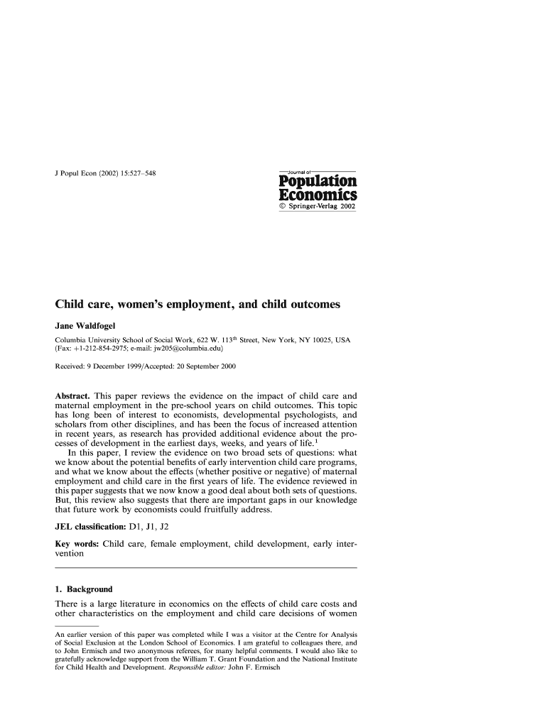 Child care, womens employment, and child outcomes Preview on Page 1